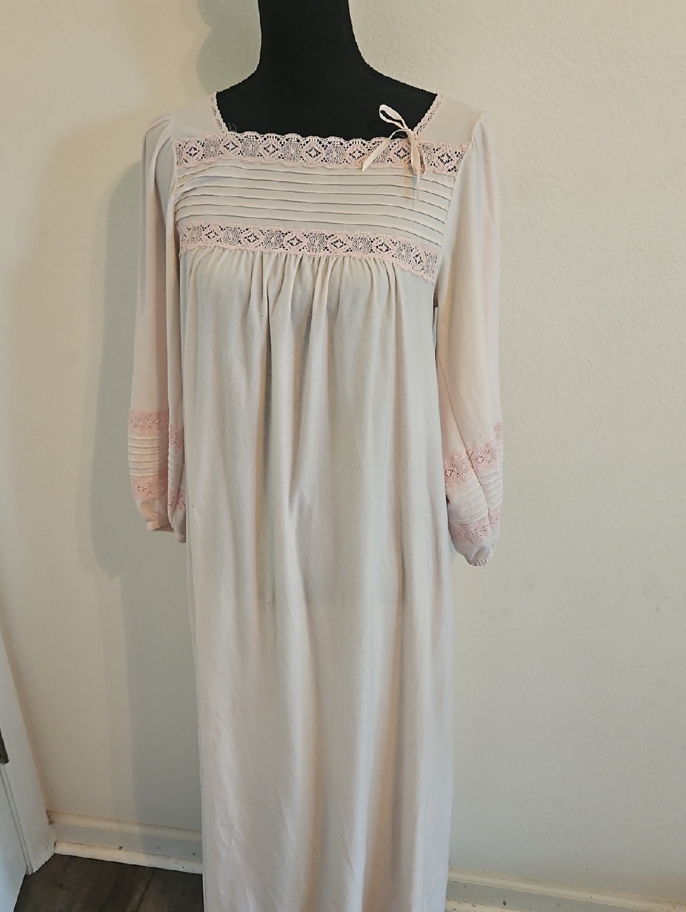 Vanity Fair Pale Pink Long-Sleeve Nightgown with Lace Trim